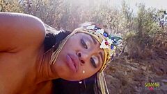 Ebonys hairy pussy pounded outdoors by big cock stud.