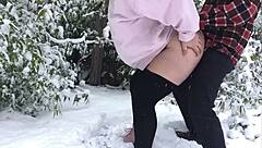 real couple bends over fucks big ass in snow leggings outdoor