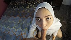 Arab Muslim babe sucks cock deep like pro, begs for facial cumshot till the end!