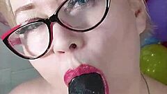 Mature chubby housewife bitch squirts juicy pussy lips on dildo amid colorful balloons dirty talk moaning