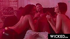 Blonde and brunette alternate riding cocks in hot reality threesome with deepthroat licks