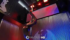 Hot brunette babe Dani Daniels strips and fucks hard at night club cumshot