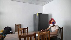 A housemaid sensually gropes her natural tits and flirts with dildo near blind man