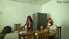 A housemaid sensually gropes her natural tits and flirts with dildo near blind man