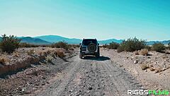 tiffany watson gulps down huge facial cum blast covering her big fake tits deep in the desert heat.