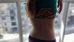 hey, this hairy 18+ teen strips sexy by the window, risky doggy fuck shows off her cute milky tits