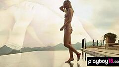 busty polish blonde amanda streich slowly undresses in lingerie revealing her shaved pussy and natural big tits