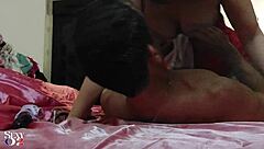 French Amateur Deepthroats Rimjobs in Red Satin Panties Thigh Dress High Heels Doggystyle