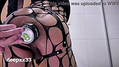 shemale stuffs huge dildo deep in her narrow ass cage play