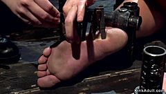 whoa busty brunette bound in lezdom device getting whipped and choked 😈🔥