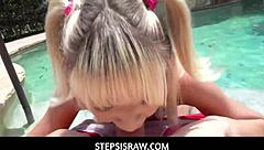 Tiny blonde stepsis Jessie Saint takes outdoor POV pounding from Chad Alva